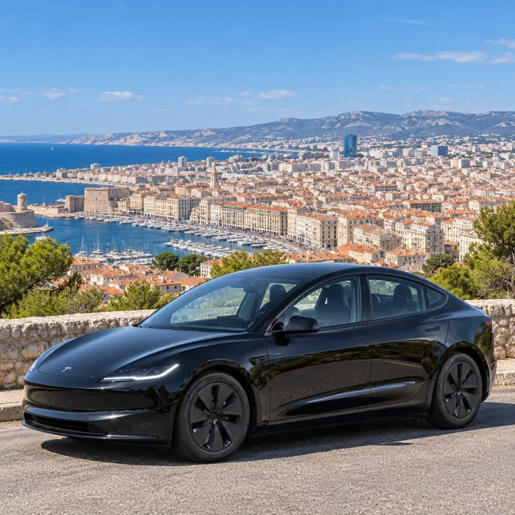Tesla noire devant un panorama du Vieux-Port de Marseille.
